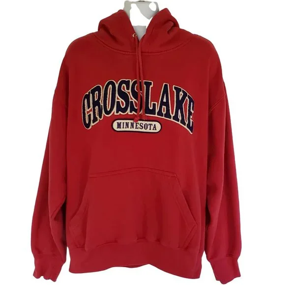 Cross Lake Minnesota Red Fleece Hoodie Sweatshirt Large Kangaroo Pocket - Picture 2 of 6